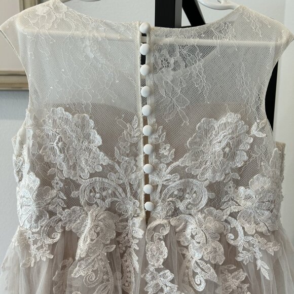 David's Bridal Lace Illusion & Tulle Flower Girl Dress WG1411 Ivory/Champagne 6 - Picture 8 of 10